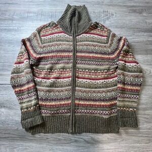 Tiara International Cardigan Sweater Womens L Green Fair Isle Full Zip Ramie2004